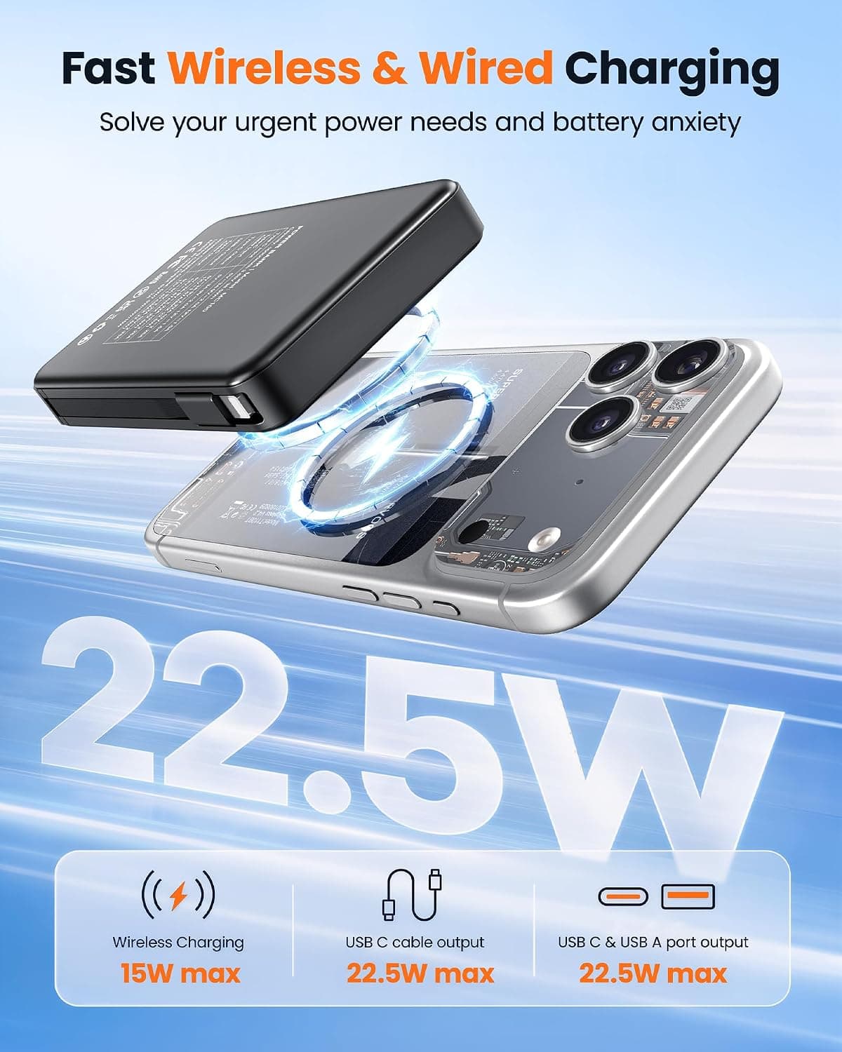 Magnetic 10000mAh Portable Charger with Built-In Cables, Fast Charging Power Bank, Compact Wireless Battery Pack and Foldable Stand Design — 3 of 4
