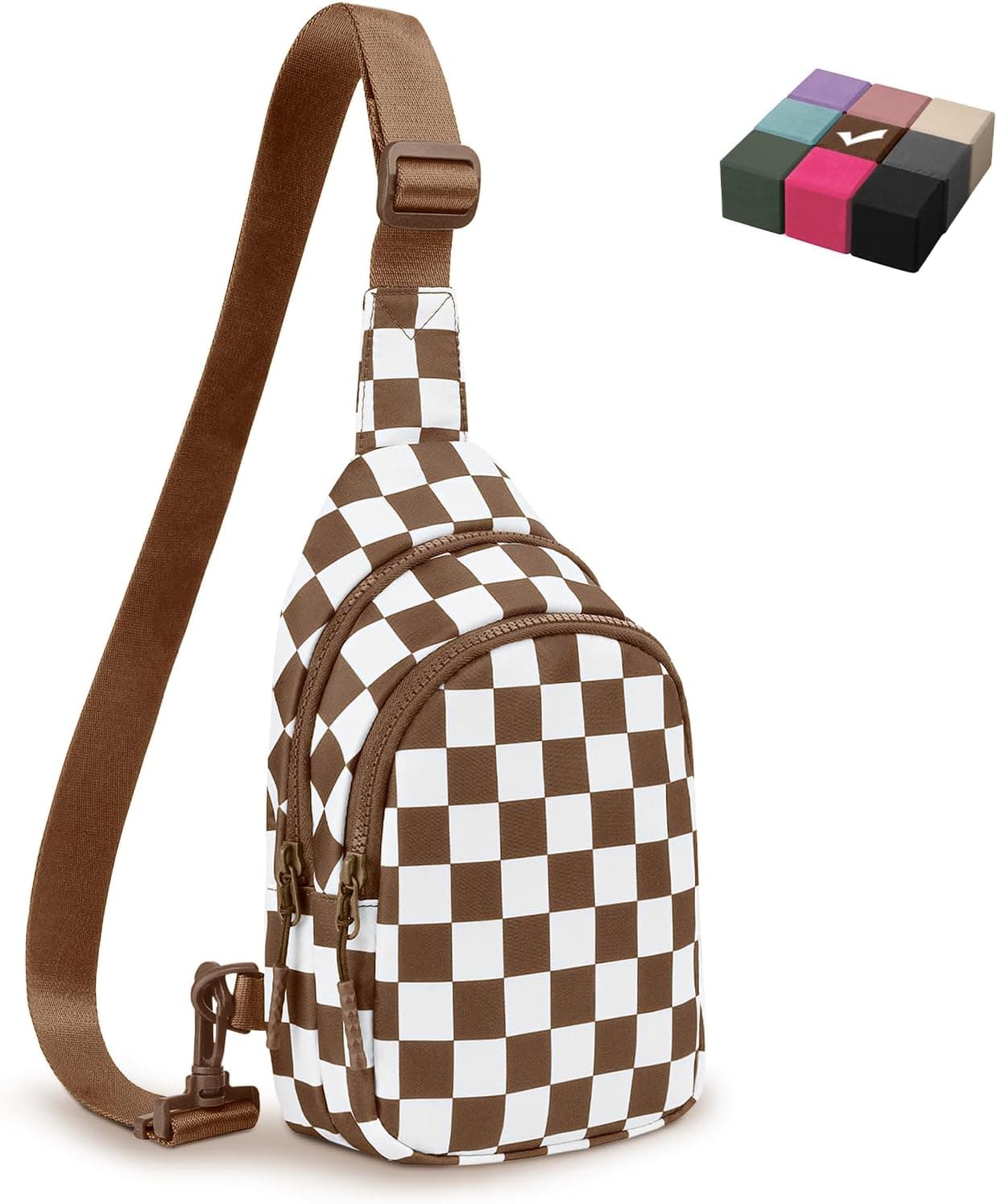 Checkered Womens Sling Bag with Adjustable Strap, Multiple Zippered Compartments, Compact Profile, and High-Quality Durable Materials — 2 of 5