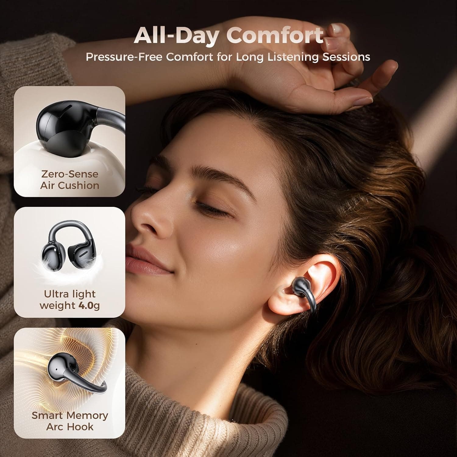 Open Ear Clip-On Earbuds with LED Display, Secure Sport Fit, Built-in Microphone, and Touch Controls for All-Day Listening Comfort — 3 of 5