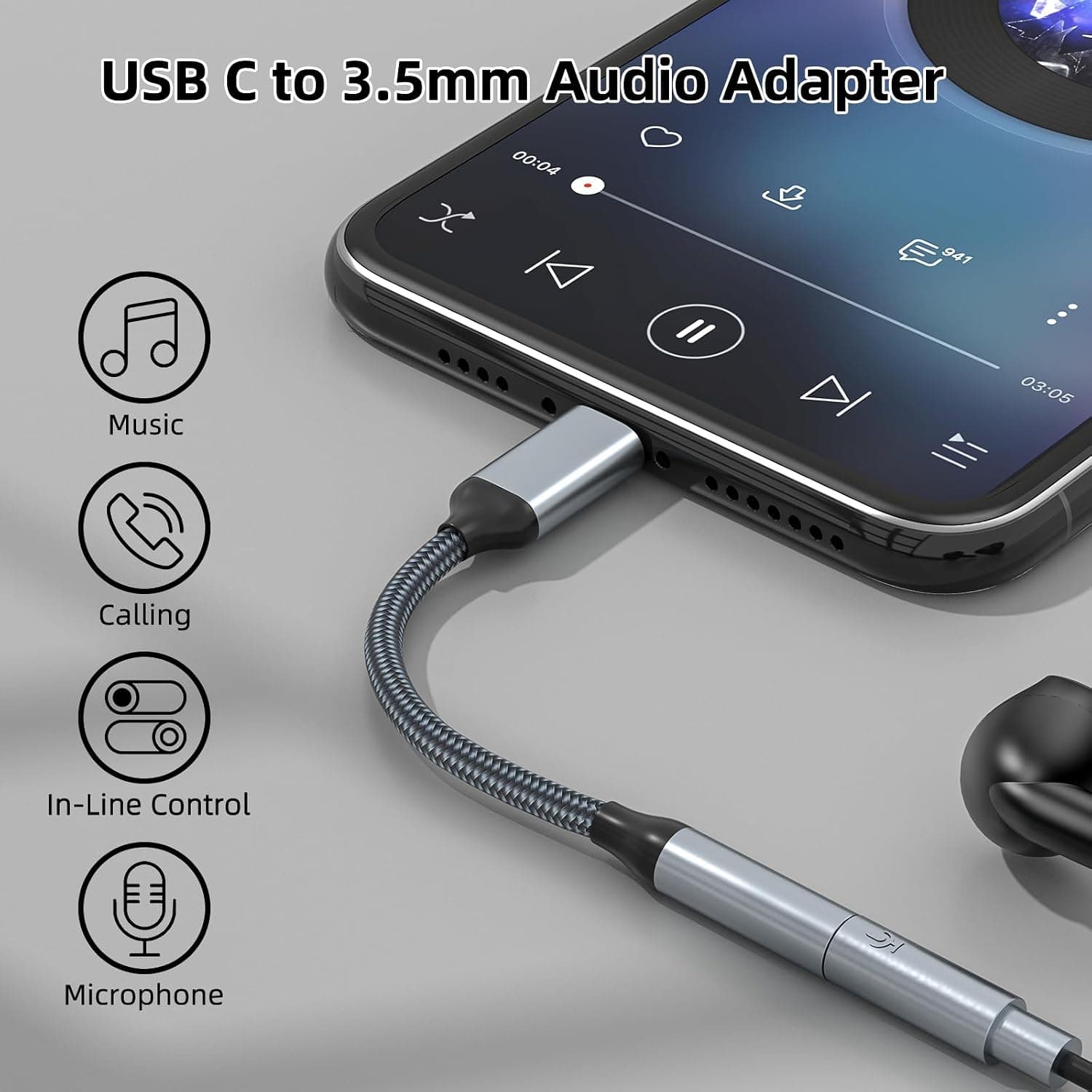 USB-C to 3.5mm Audio Adapter 2 Pack for Headphone Jack Connection, Hi-Res DAC Chip Support, Durable Braided Cable, Compact Plug and Play Design — 3 of 5