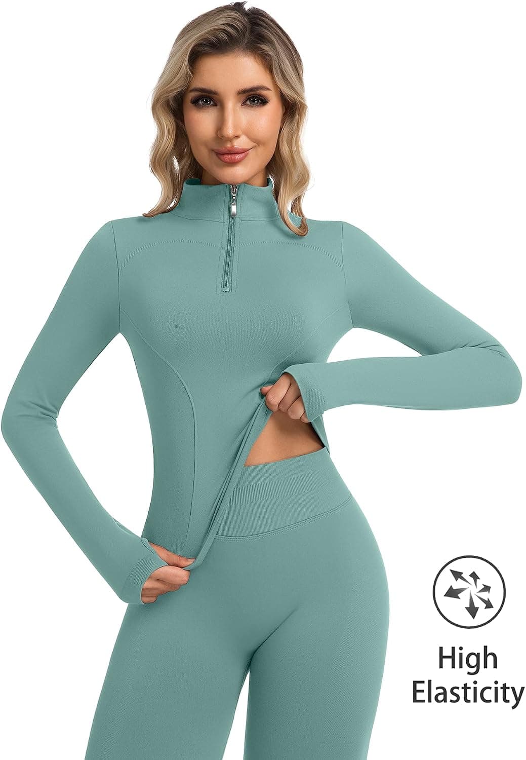 Womens 2-Piece Workout Set with Quarter Zip Long Sleeve Pullover, High Waisted Compression Seamless Leggings, Moisture-Wicking Fabric and Thumb-Holes — 5 of 5