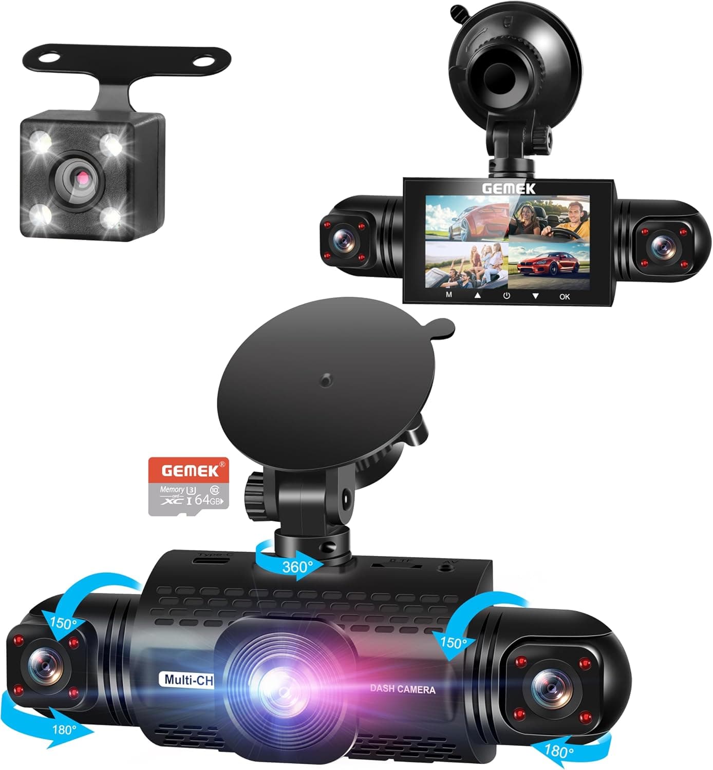 GEMEK 360 Degree View 4 Channel Dash Cam with 2K Front and Rear Inside Left Right Coverage, 5G WiFi App Control, Free 64GB TF Card and Night Vision — 1 of 5