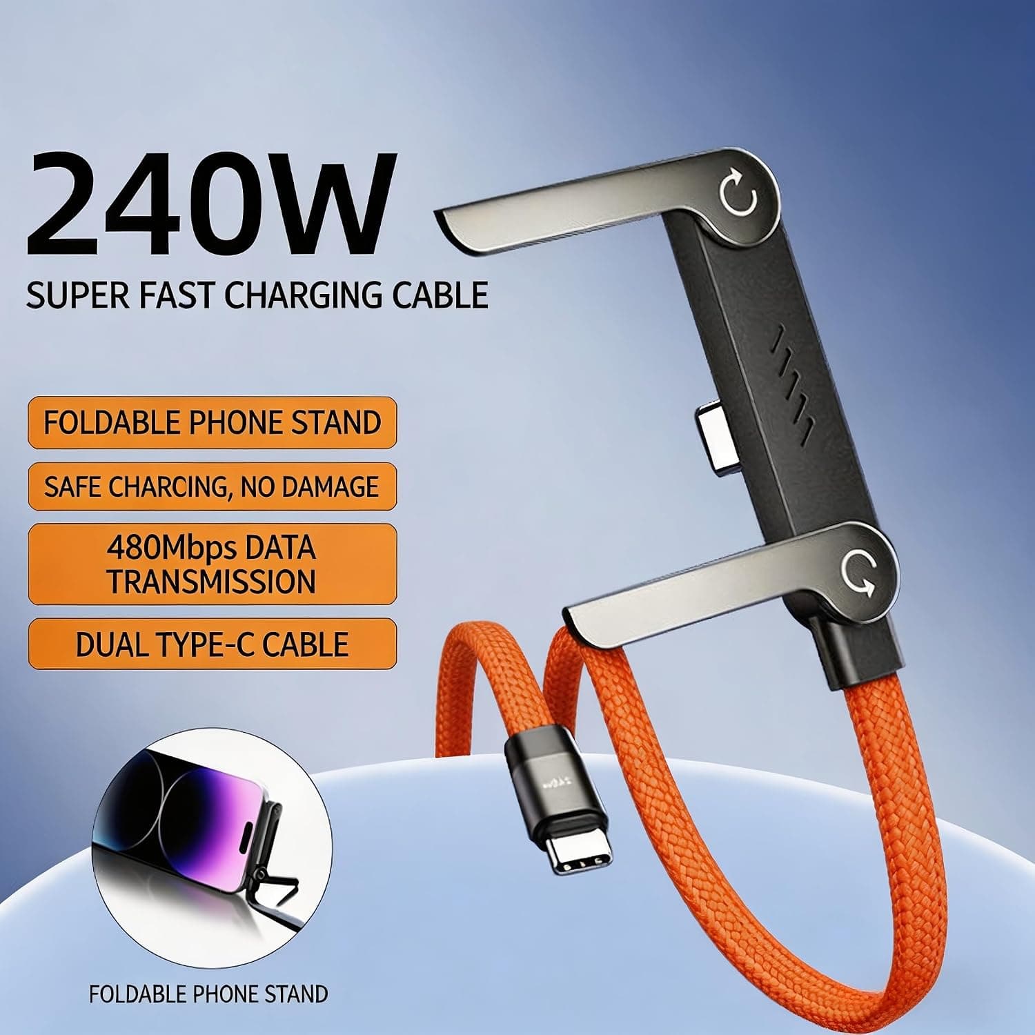USB-C to USB-C 90-Degree Braided Fast Charging Cable featuring Integrated Foldable Phone Stand and Durable Design for Daily Use — 3 of 5