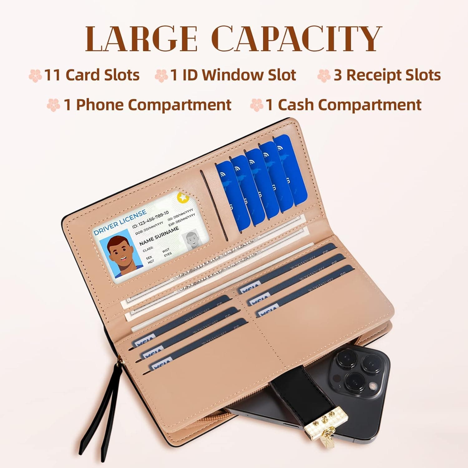Sweet Cute Chocolate Women's Long Leaf Bifold Wallet Leather Card Holder Purse with Zipper Buckle and Elegant Clutch Design for Everyday Use — 2 of 5