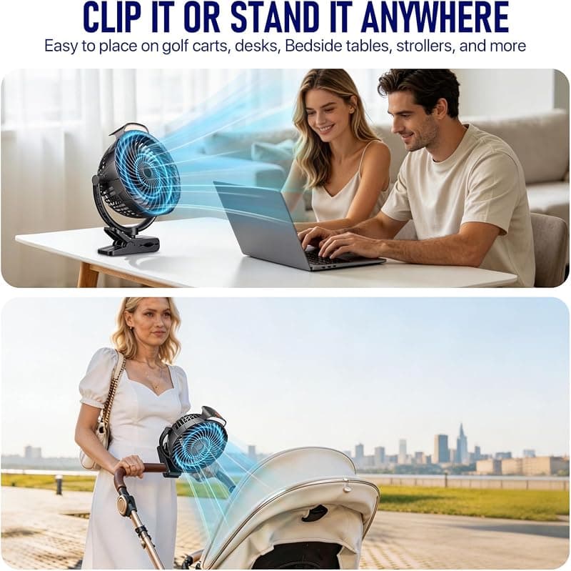 Gentsvip 8-Inch Rechargeable Clip on Fan with 10000mAh Battery, LED Light, 9-Speed Ultra Quiet Airflow, 30H Runtime and 360-Degree Rotating Desk Stand — 5 of 5
