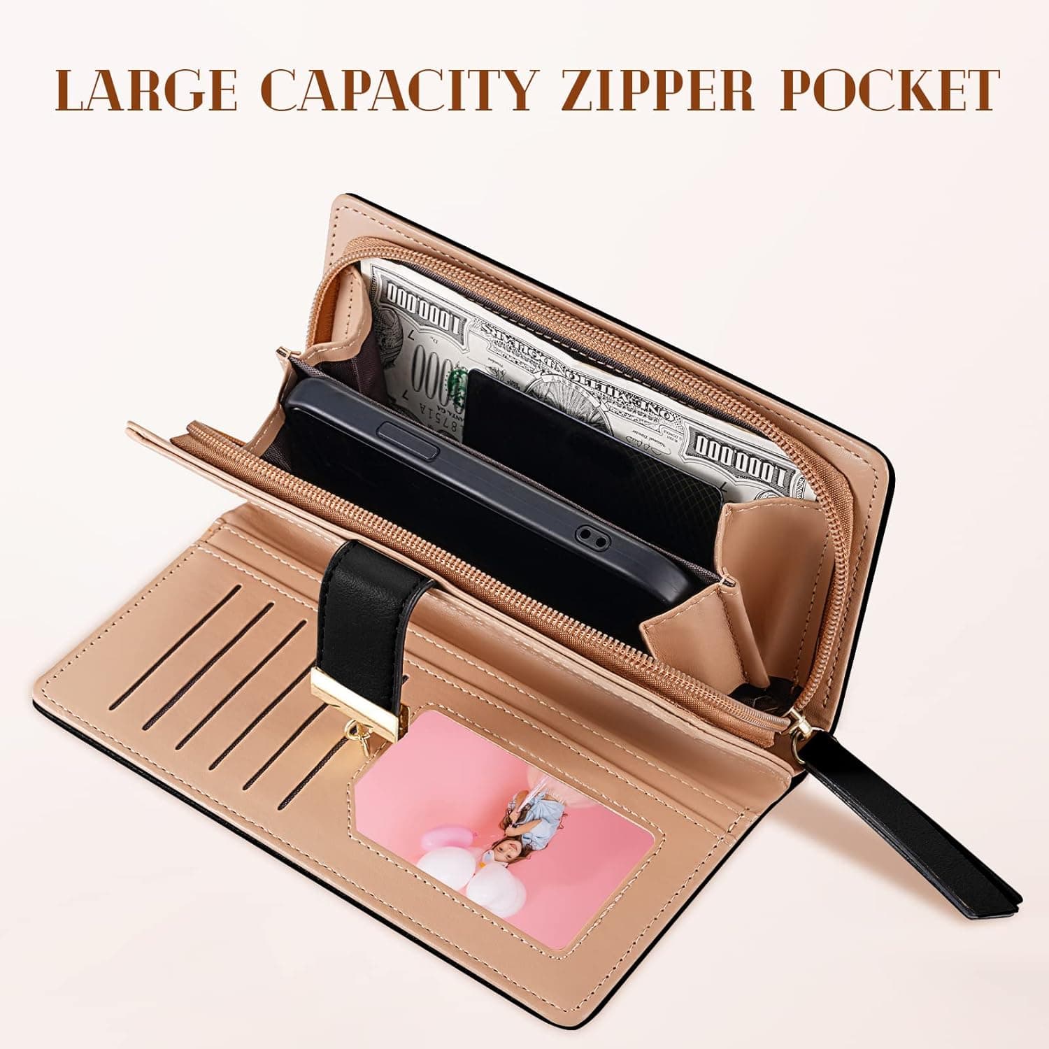 Sweet Cute Chocolate Women's Long Leaf Bifold Wallet Leather Card Holder Purse with Zipper Buckle and Elegant Clutch Design for Everyday Use — 3 of 5