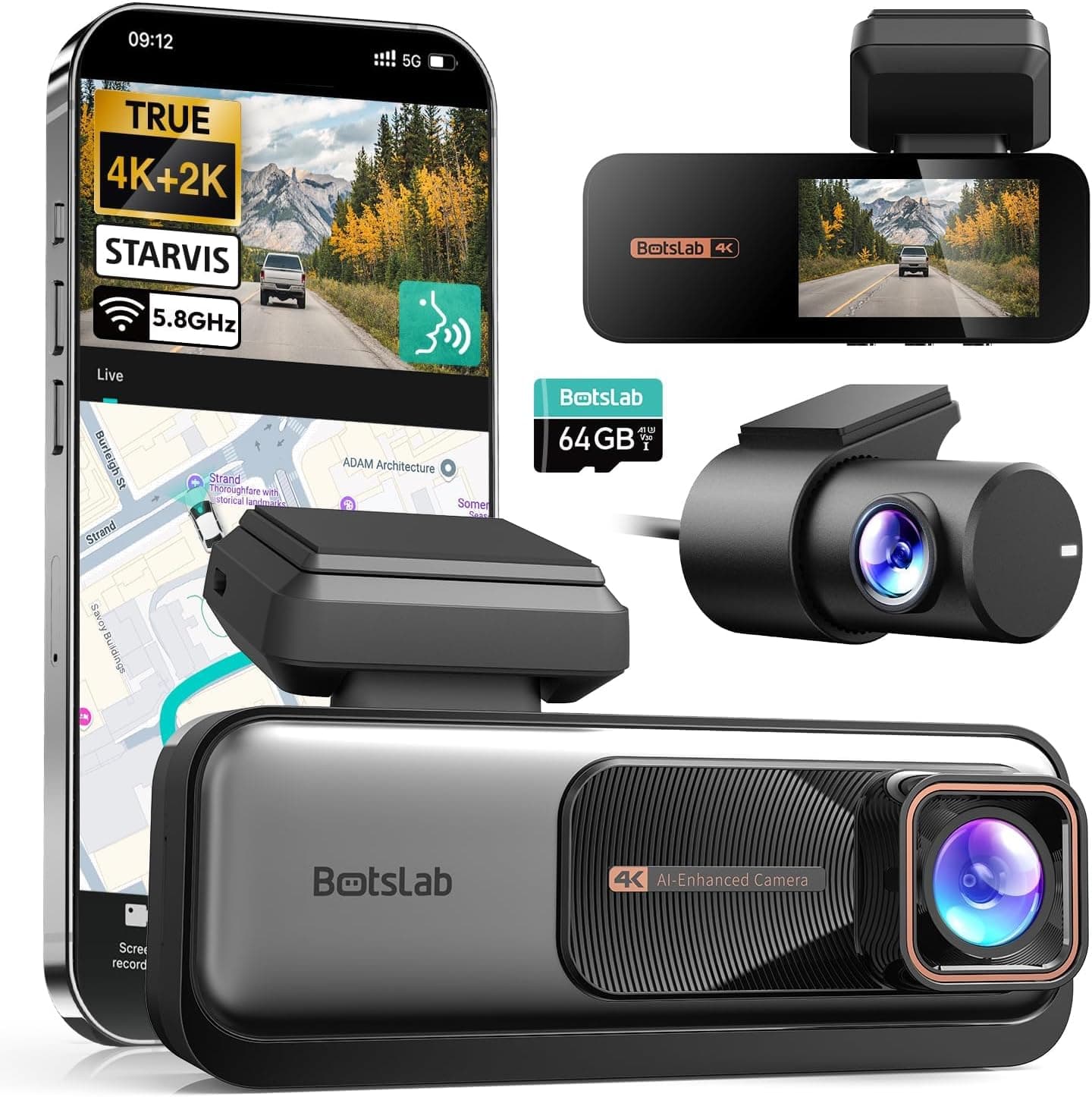 BOTSLAB G980H 4K STARVIS Dash Cam Front and Rear with 64GB Card, Built-In GPS, Voice Control and Superior Night Vision Recording Capabilities — 1 of 5