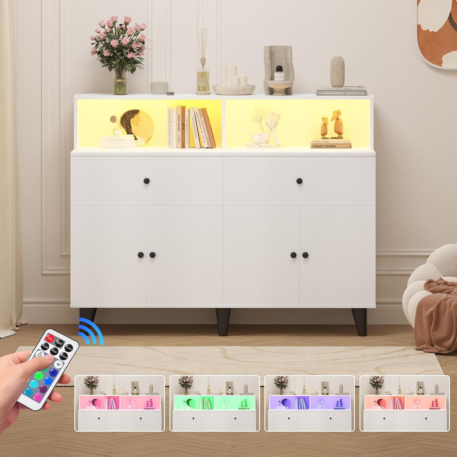 47.2 Inch TV Stand Cabinet with Built-In Power Outlets, LED Light, Drawers, Adjustable Shelves, and Storage Hutch for Living Room — 4 of 5