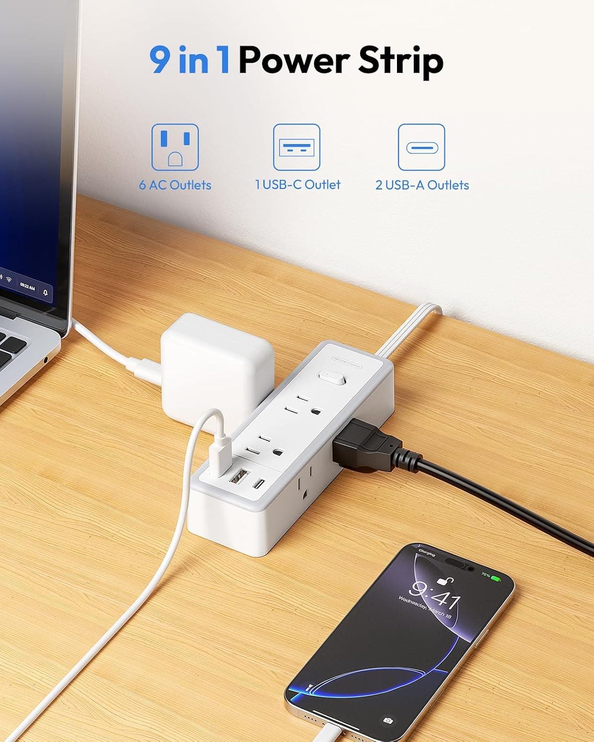 15ft Flat Extension Cord with 6 AC Outlets, 3 USB Ports Including USB-C, Low-Profile Right Angle Plug, and Mountable Braided Power Strip Design — 5 of 5