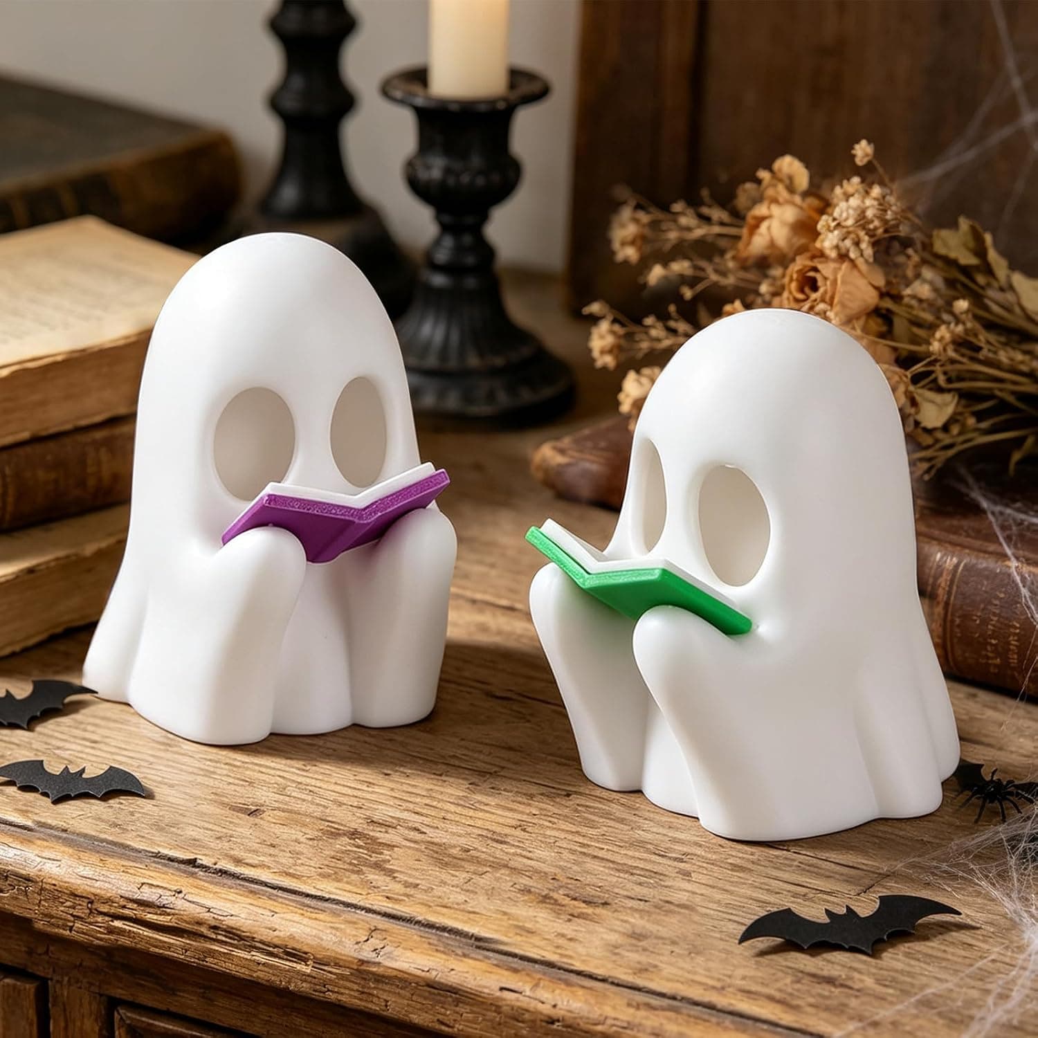 3D Printed LED Reading Ghost 2 Pack Glow Spooky Decor Night Light Cute Miniature Figurine for Desk Room Shelf Halloween Ambiance — 3 of 5