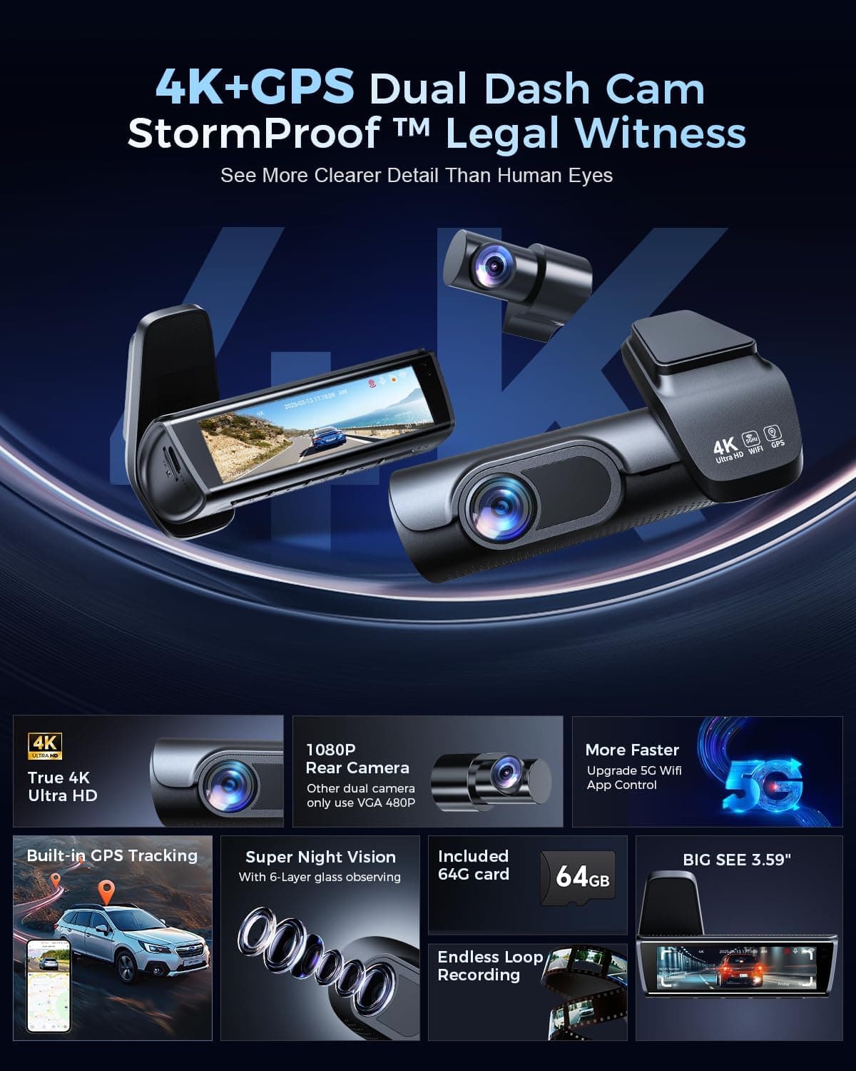 K600 4K Front and Rear Dash Cam with 3.59 Inch IPS Screen, Built-In GPS, 5G WiFi, UHD 2160P Night Vision, 64GB SD Card and 170 Degree Wide Angle Lens — 2 of 5