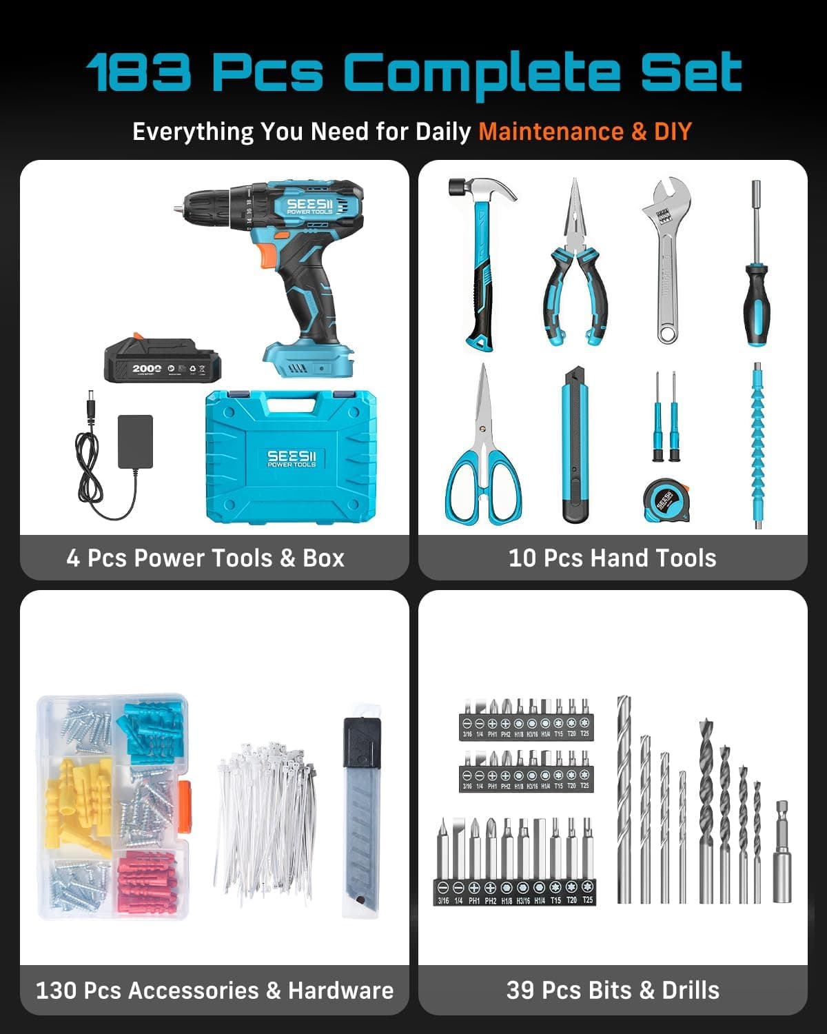 Seesii 20V Cordless Power Drill Set with 183 Pieces, 18+1 Precise Clutch Control, Two-Speed Gearbox and Flexible Shaft for Home Repair — 3 of 5