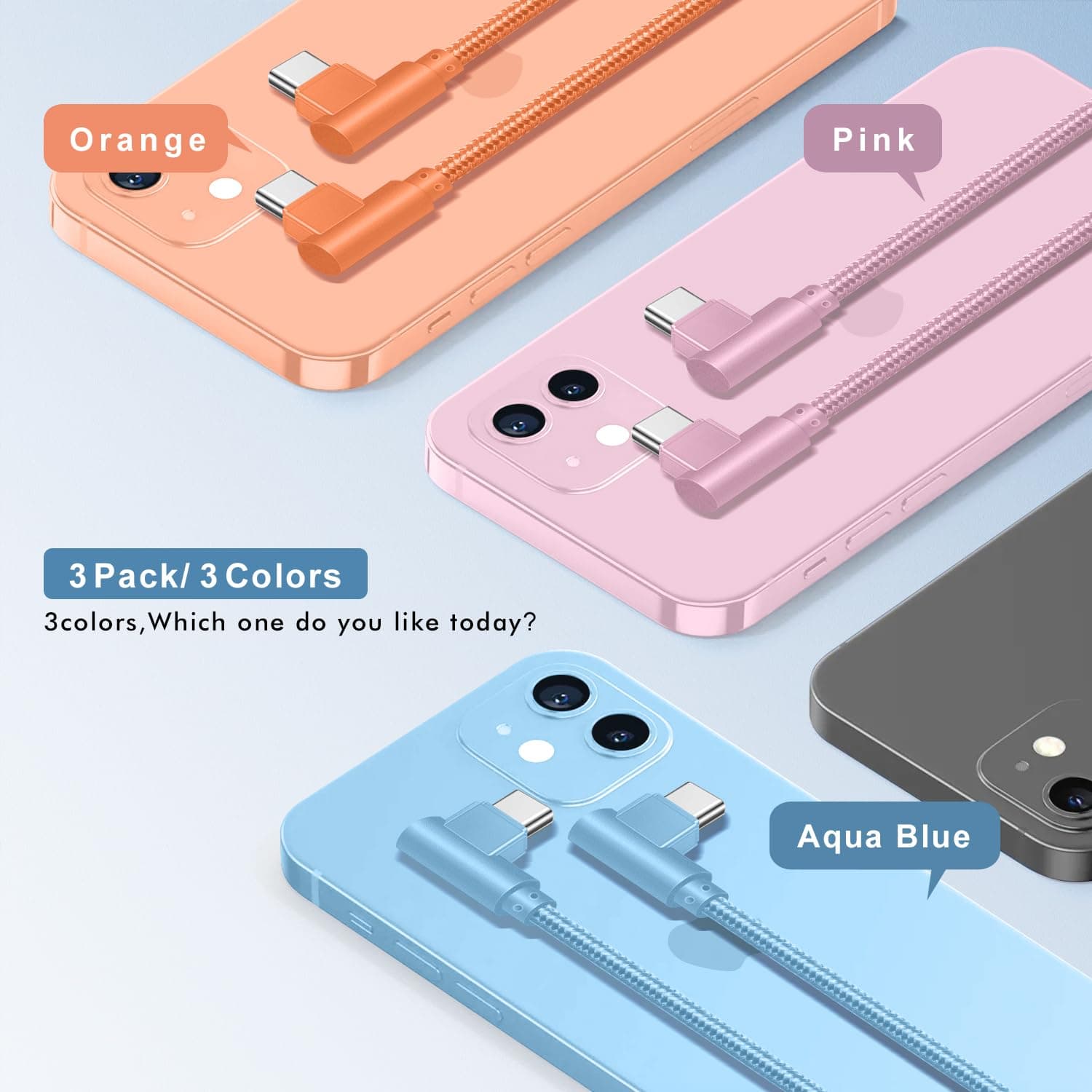 USB-C 10ft 60W 90 Degree Cable 3 Pack with Fast Charging Support and Durable Braided Design for Smartphones and Laptops — 3 of 5