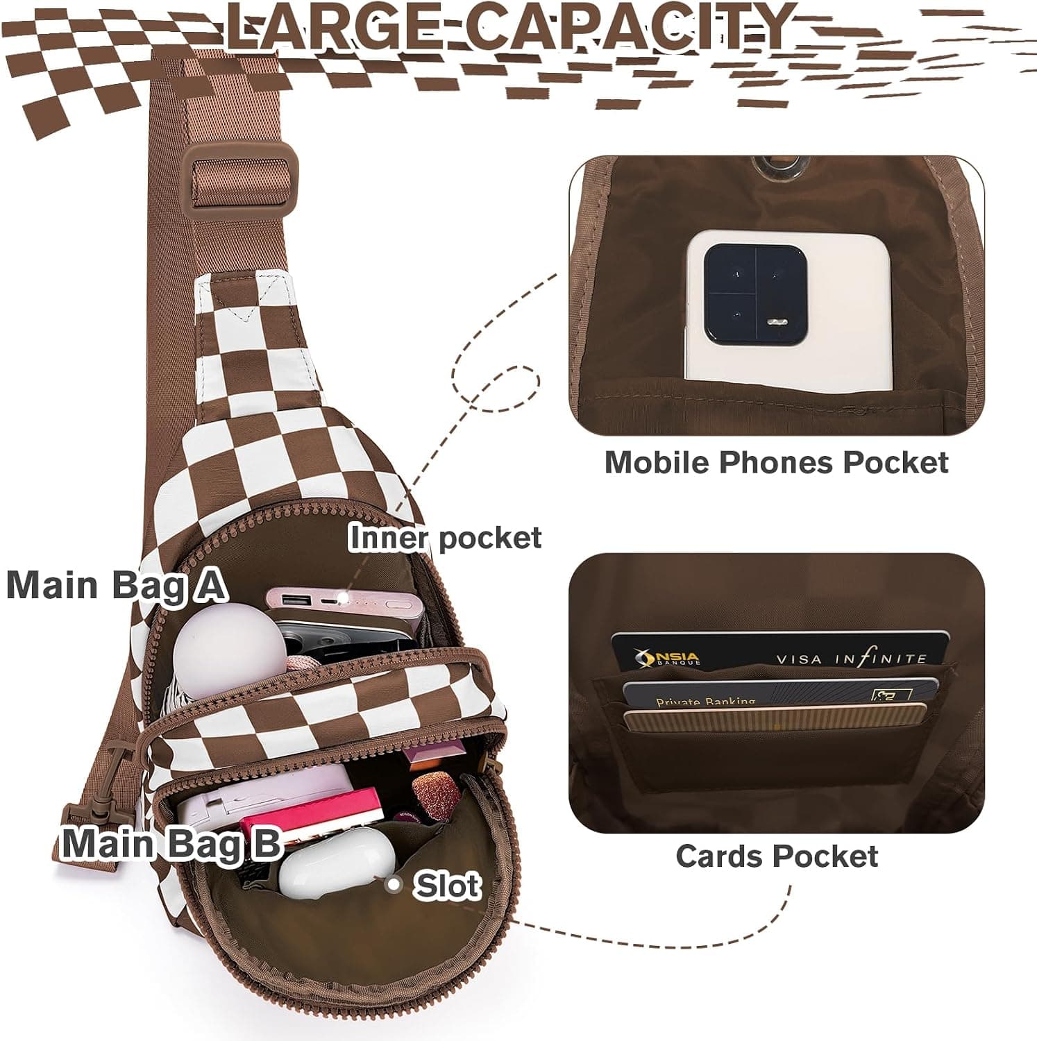 Checkered Womens Sling Bag with Adjustable Strap, Multiple Zippered Compartments, Compact Profile, and High-Quality Durable Materials — 5 of 5