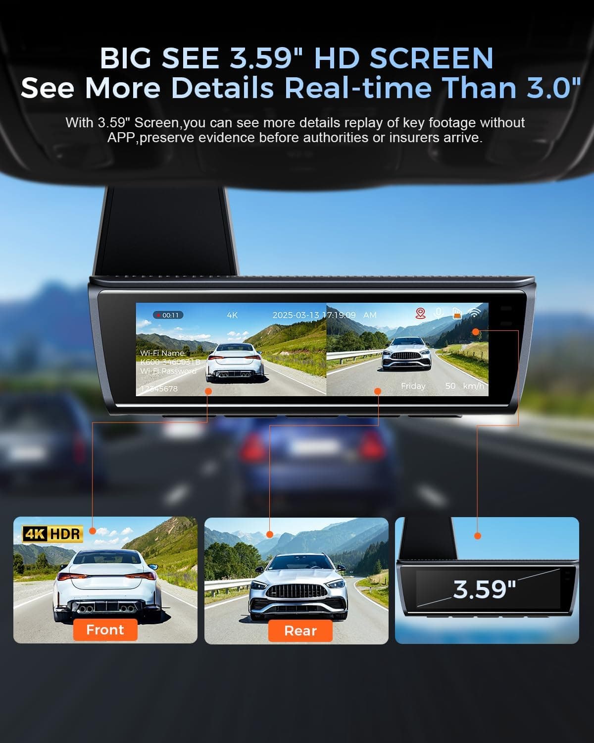 K600 4K Front and Rear Dash Cam with 3.59 Inch IPS Screen, Built-In GPS, 5G WiFi, UHD 2160P Night Vision, 64GB SD Card and 170 Degree Wide Angle Lens — 4 of 5