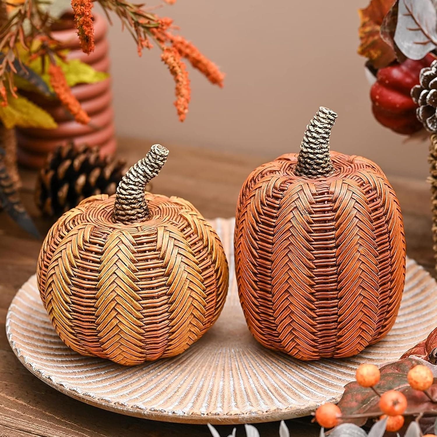 Resin Pumpkin Decorations 2-Piece Set with Detailed Autumnal Fall Harvest Design for Tabletop Mantel Centerpiece Indoor Holiday Home Decor — 2 of 5