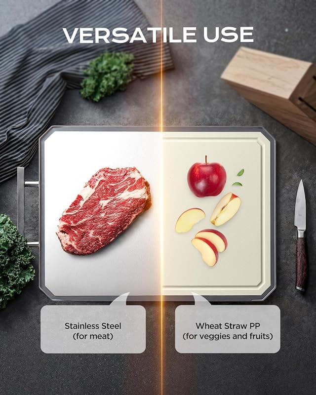 Stainless Steel Cutting Board with Built-In Handle, Juice Groove, Non-Porous Surface, Dishwasher Safe Design and Dual-Sided Food Prep — 3 of 5