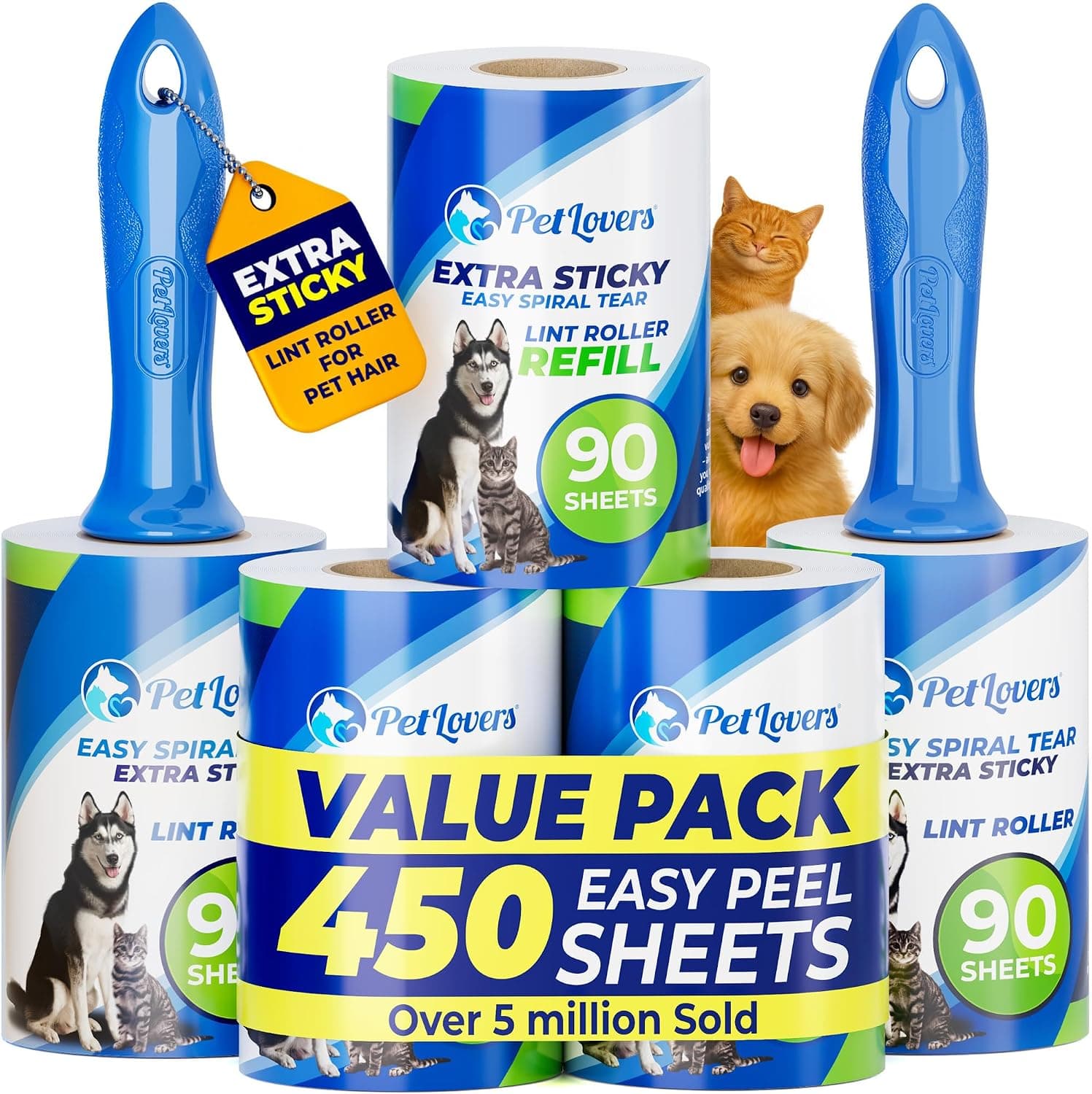 PetLovers Extra Sticky Lint Roller Mega Value Set with 450 Total Sheets for Effortless Pet Hair Removal on Clothes, Furniture, and Upholstery
