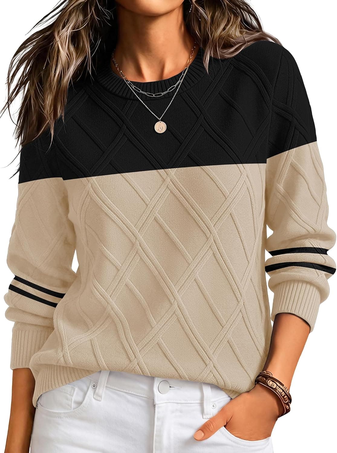 Zeagoo Women Cable Knit Sweaters Fall Winter Long Sleeve Crewneck Tops Casual Pullover Soft Warm Comfortable Everyday Wear — 1 of 5