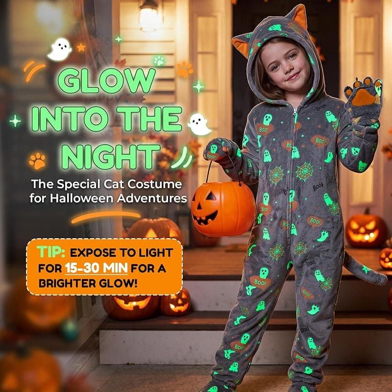 Joycover Halloween Cat Costume for Girls Kids Glow in the Dark Cat Onesie with Soft Hooded Design and Comfortable Lightweight Fabric — 2 of 5
