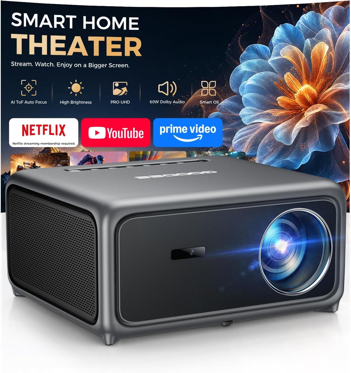 GOODEE 4K Smart Projector Featuring AI ToF Auto Focus, High-Speed WiFi 6 Connectivity, Wireless Bluetooth Audio Support and Native 1080P Display — 1 of 5