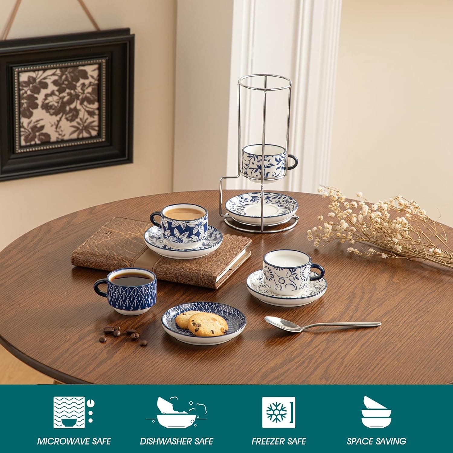 Vancasso 4-Pack 2.5 oz Espresso Cups and Saucers with Metal Stand, Stackable Design, Microwave-Safe Ceramic Porcelain and Classic Floral Pattern — 5 of 5