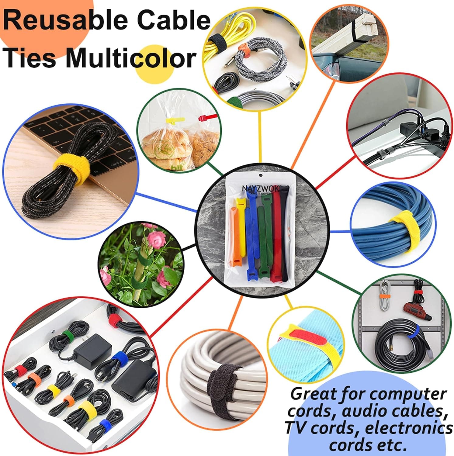 Reusable Multicolor Hook and Loop Cable Ties in Assorted Sizes for Cord Management, Wire Organization, and Home Office Organization — 4 of 5
