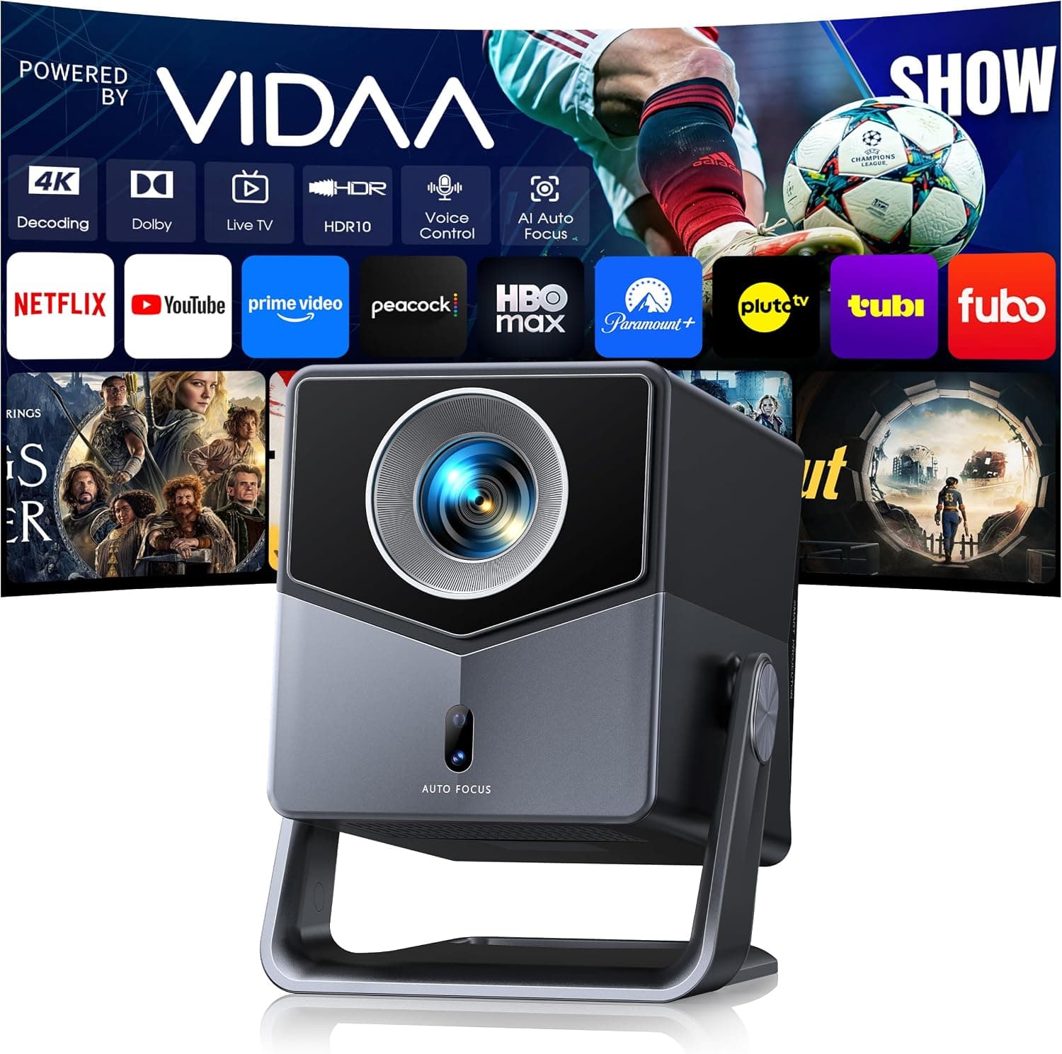 Smart Projector 4K with VIDAA Live TV, 36W Dolby Audio, Voice Control, WiFi 6, Bluetooth, AI Auto Focus, HDR10 and Short Throw Design for Home Theater — 1 of 5