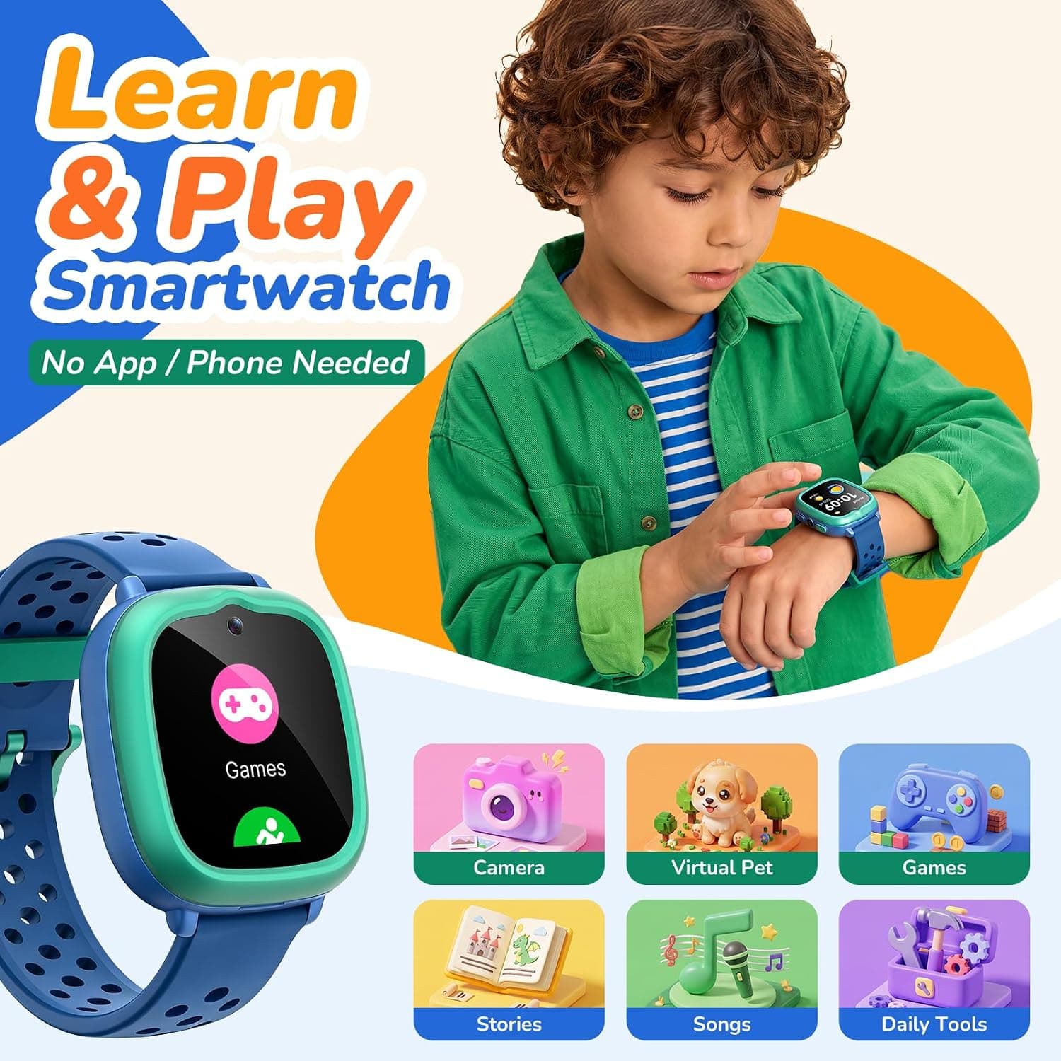 Gydom Kids Smart Watch with Camera, Games, Pet Pedometer, Long Battery Life, IP68 Waterproof and Interchangeable Bands in Blue for Ages 4-12 — 2 of 5