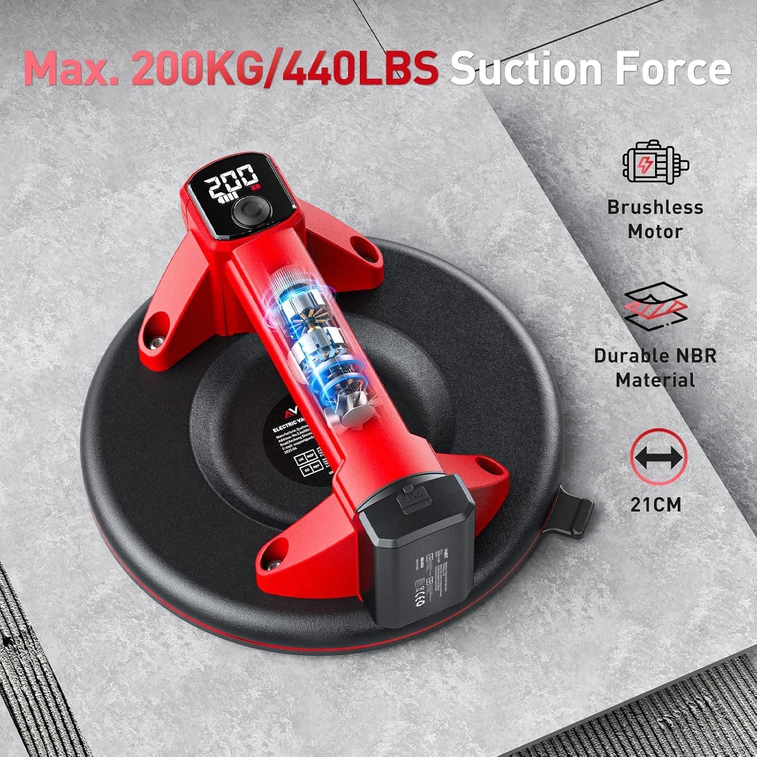 8 Inch Cordless Vacuum Suction Cup Lifter Heavy Duty Glass Lifter with 440 lb Weight Capacity Ergonomic Handle and Battery Powered Pump System — 4 of 5