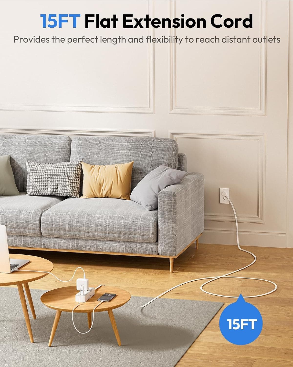 15ft Flat Extension Cord with 6 AC Outlets, 3 USB Ports Including USB-C, Low-Profile Right Angle Plug, and Mountable Braided Power Strip Design — 3 of 5