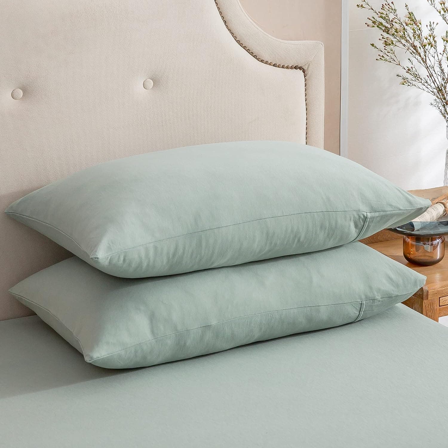 PURE ERA Jersey Knit Pillow Cases in Solid Sage Green Standard Size with Soft Breathable Cotton Fabric and Wrinkle-Resistant T-Shirt Material — 2 of 4