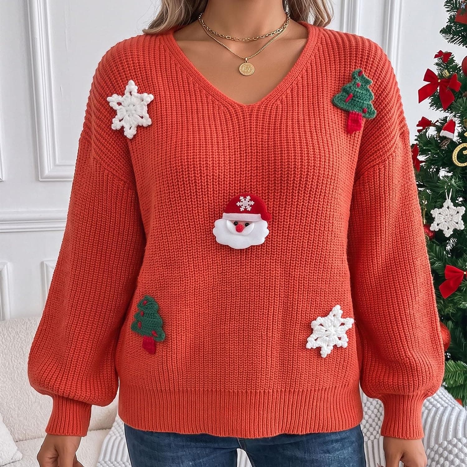 Christmas Sweater Christmas Tops for Women V Neck Sweaters for Women Orange with Festive Seasonal Style and Comfortable Casual Holiday Fit — 2 of 5