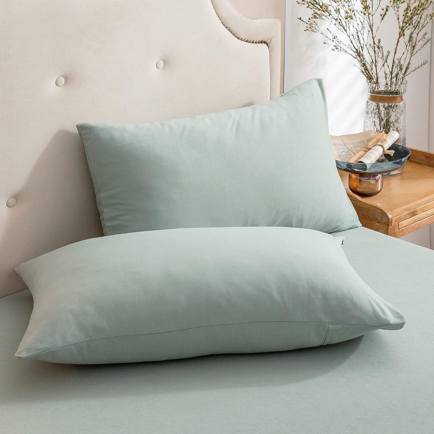 PURE ERA Jersey Knit Pillow Cases in Solid Sage Green Standard Size with Soft Breathable Cotton Fabric and Wrinkle-Resistant T-Shirt Material — 1 of 4