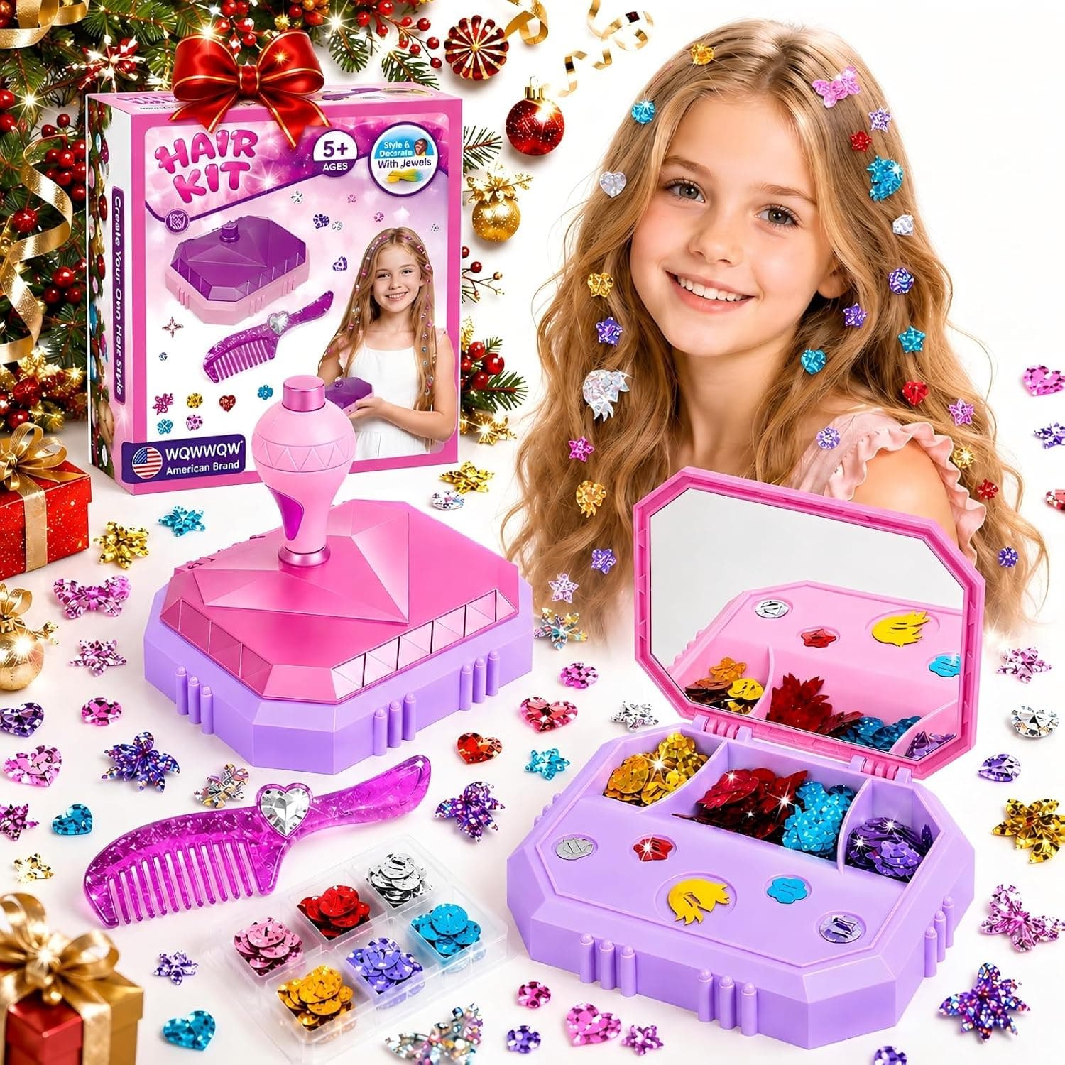 Hair Gem Stamper Kit with 200 Plus Glitter Sequins in Cute Shapes, Mirror Storage Case, Comb, Styling Tool for Creative Play and Party Hairstyles — 2 of 5