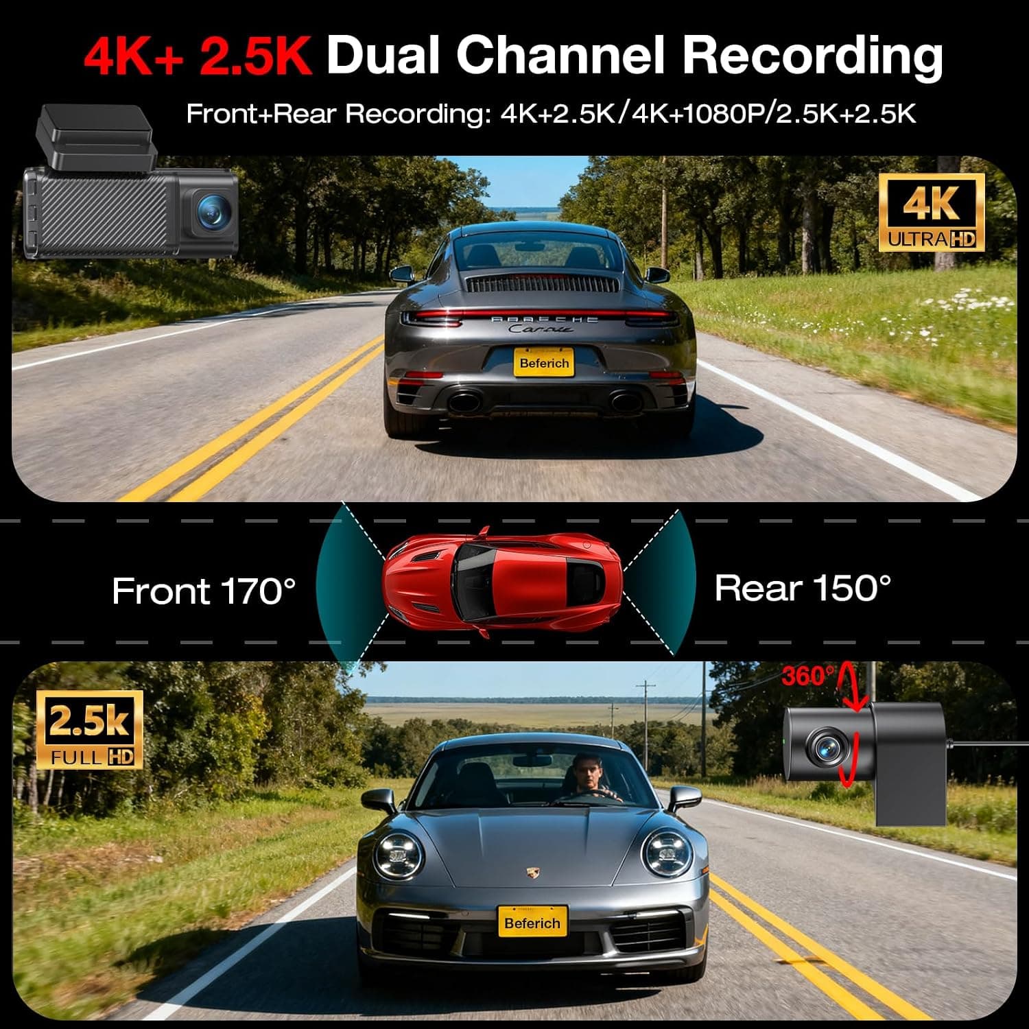 Beferich 4K Front and 2.5K Rear Dual Dash Cam with Built-In GPS, 5GHz WiFi, 64GB Card Included, Superior Night Vision and Smart App Control — 3 of 5