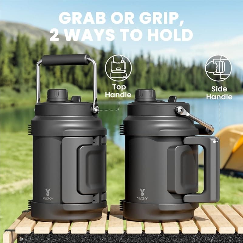 Meoky 64 oz Insulated Water Bottle with Triple Wall Vacuum Stainless Steel Half Gallon Capacity, Top and Side Handles, 2-in-1 Straw Lid and Cold — 3 of 5