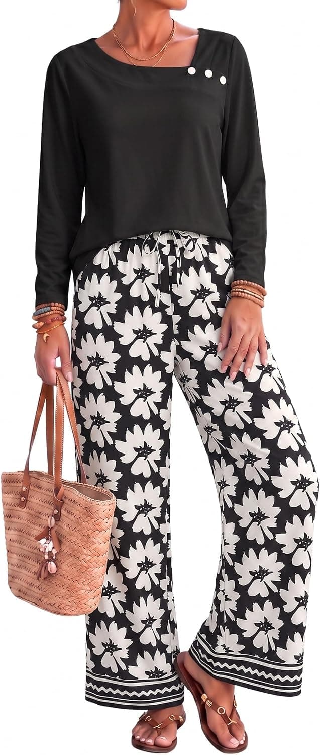 Two-Piece Printed Wide-Leg Lounge Set with Relaxed Fit, Breathable Lightweight Fabric, Elegant Matching Top and Comfy Elastic Waistband — 2 of 5