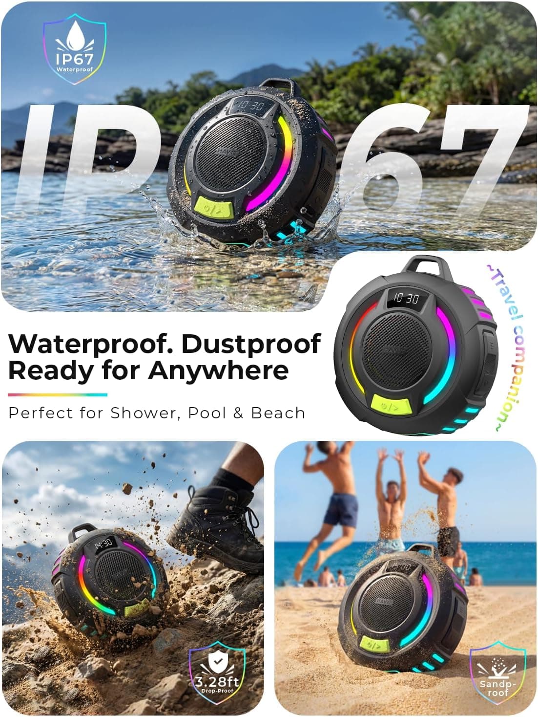 Havit Bluetooth Shower Speaker with IP67 Waterproof Floating Design, Bluetooth 6.0, 18H Playtime, RGB Lights, Clock Display and Hands-Free Calling — 3 of 5