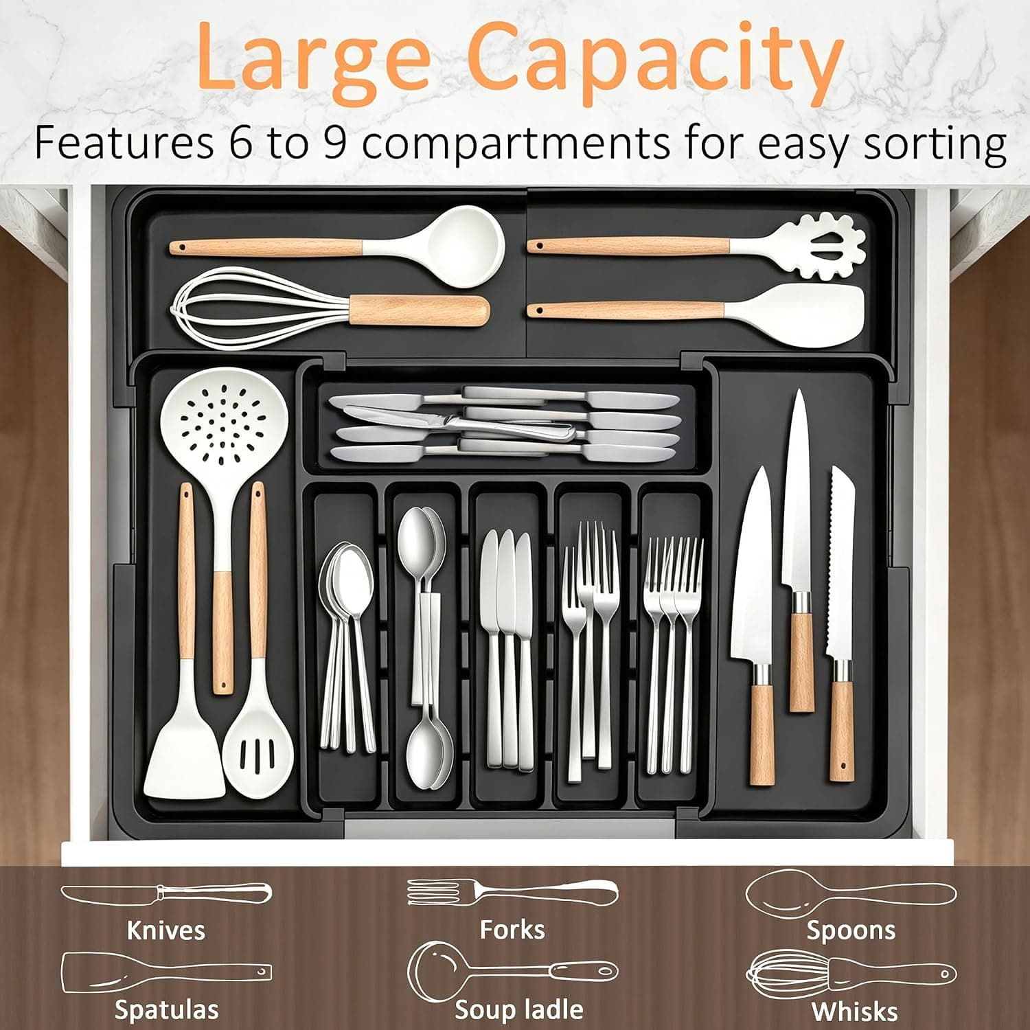 Silverware Drawer Organizer Expandable Utensil Tray with Adjustable Compartments for Kitchen Kitchenware Cutlery Storage and Flatware Sorting — 4 of 5