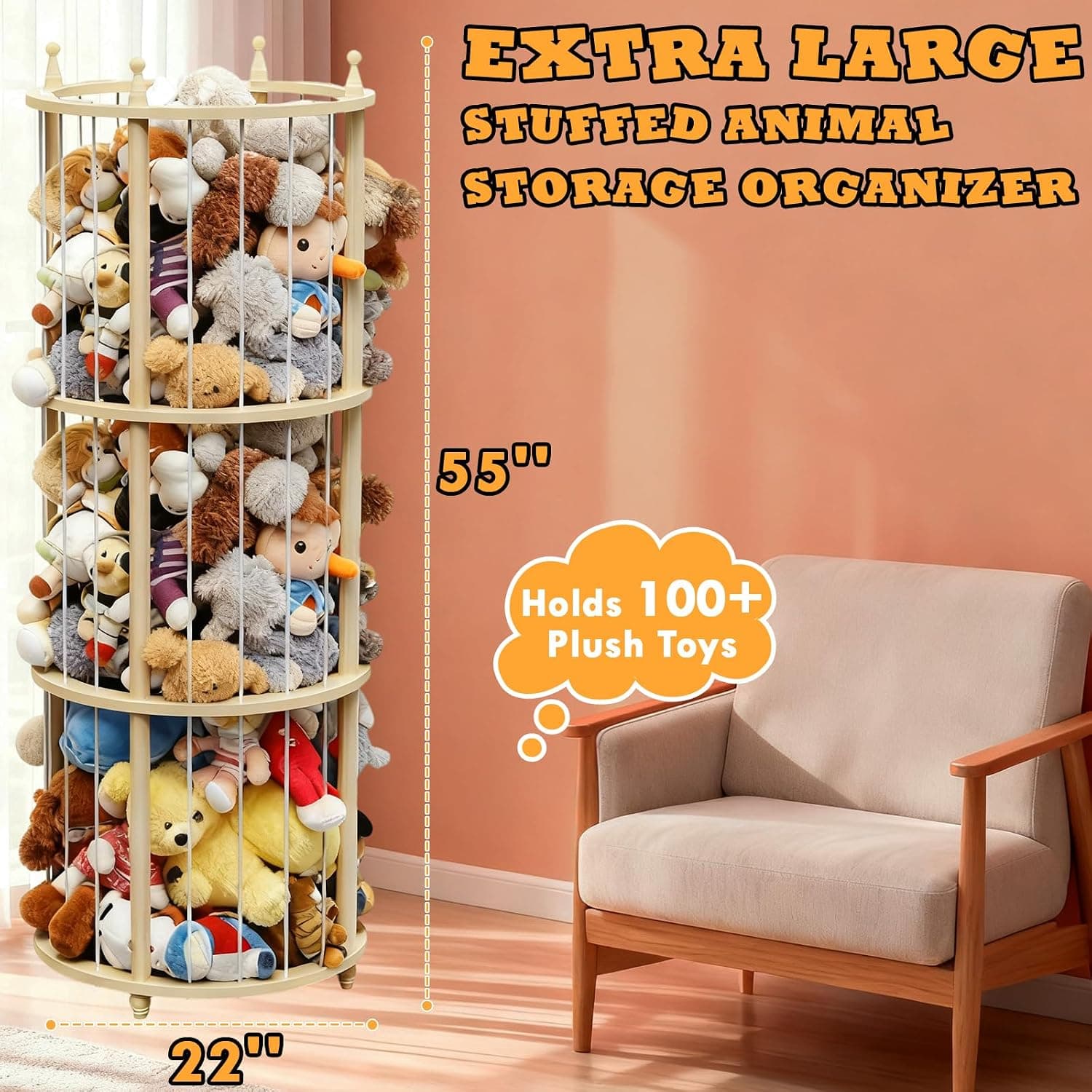 Extra Large Wooden Stuffed Animal Storage Zoo with Heavy-Duty Elastic Cords for Organizing Kids Room Toy Collection and Stuffed Toys — 4 of 5