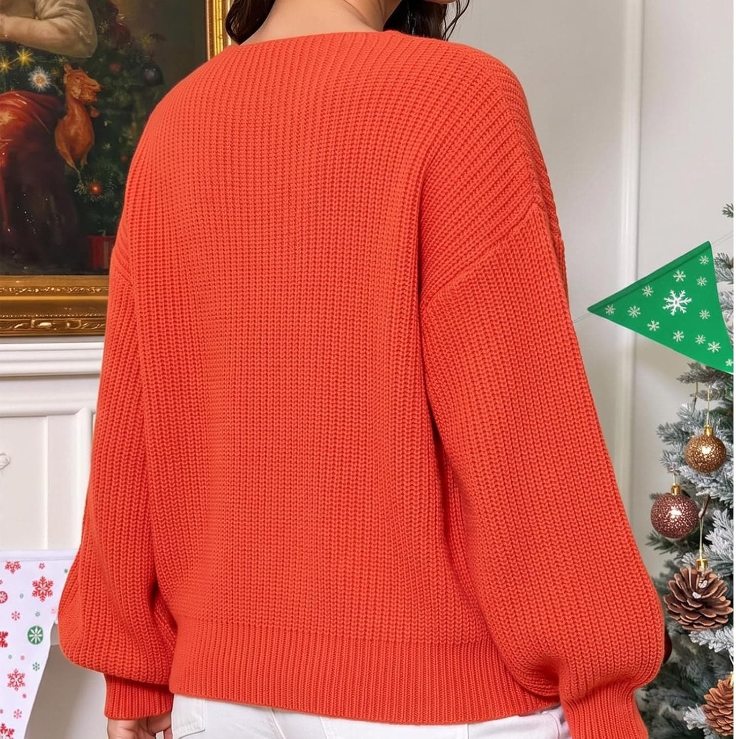 Christmas Sweater Christmas Tops for Women V Neck Sweaters for Women Orange with Festive Seasonal Style and Comfortable Casual Holiday Fit — 3 of 5