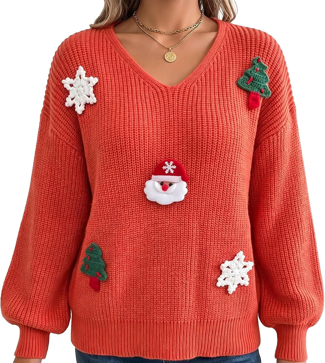 Christmas Sweater Christmas Tops for Women V Neck Sweaters for Women Orange with Festive Seasonal Style and Comfortable Casual Holiday Fit — 1 of 5