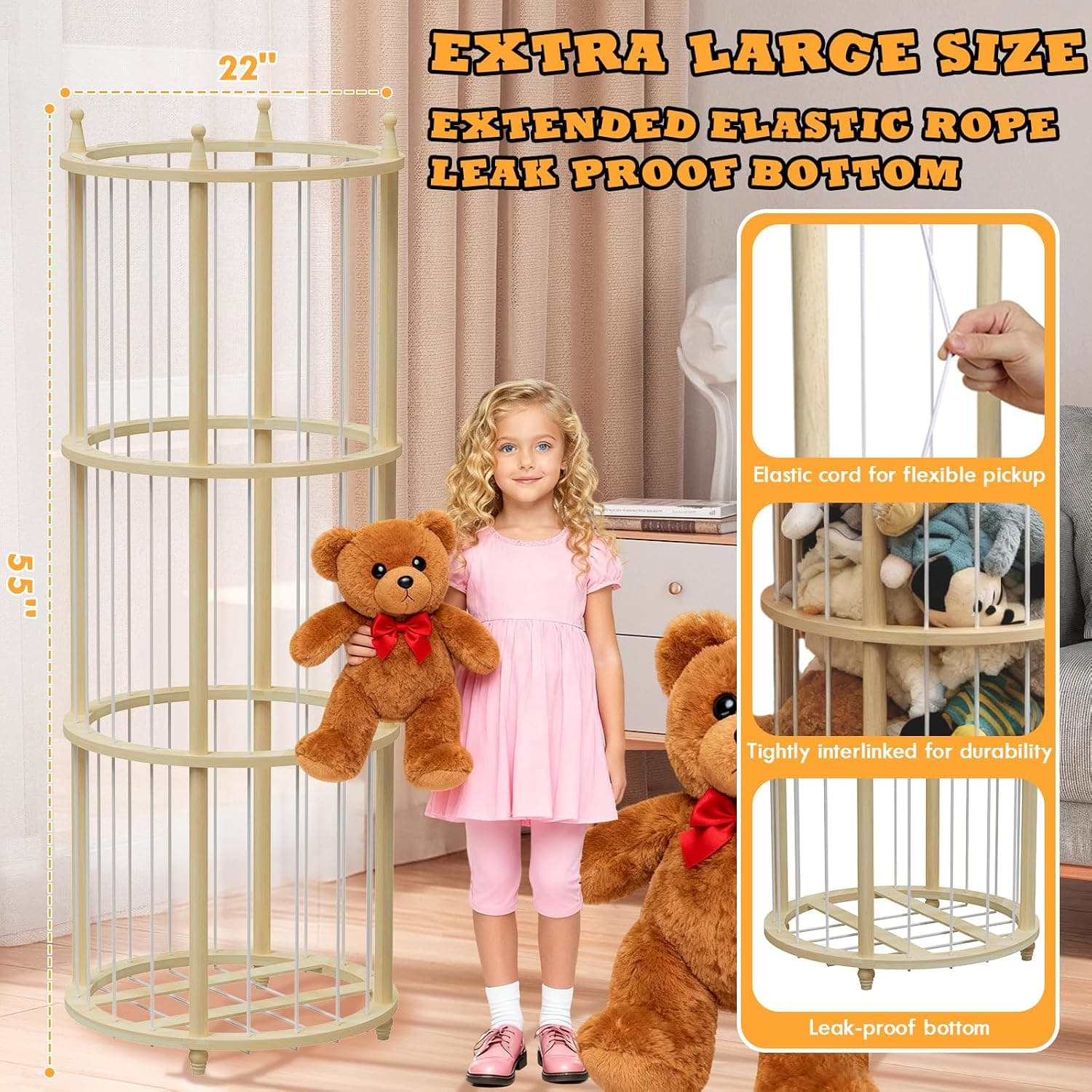 Extra Large Wooden Stuffed Animal Storage Zoo with Heavy-Duty Elastic Cords for Organizing Kids Room Toy Collection and Stuffed Toys — 2 of 5