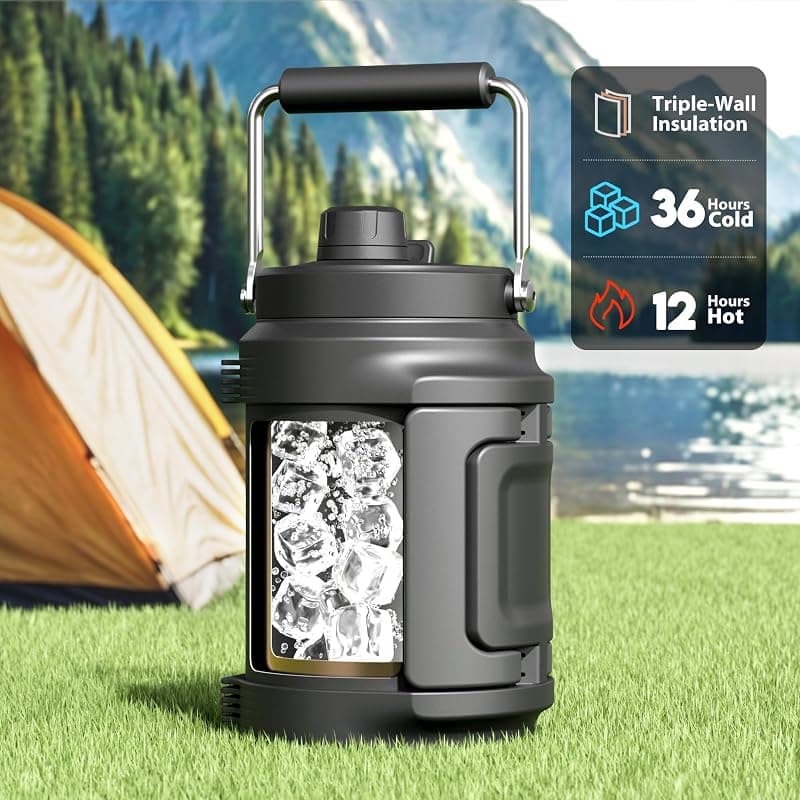Meoky 64 oz Insulated Water Bottle with Triple Wall Vacuum Stainless Steel Half Gallon Capacity, Top and Side Handles, 2-in-1 Straw Lid and Cold — 2 of 5