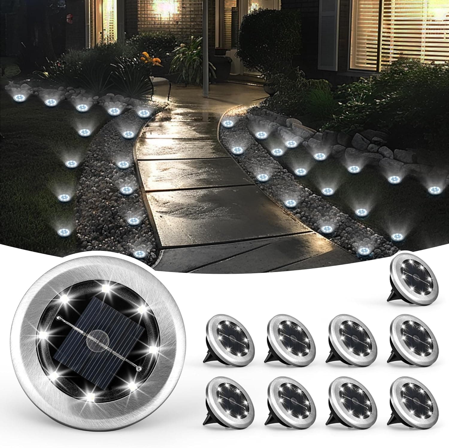 SOLPEX 10 Pack Small Solar Ground Lights Pathway Lights in Cool White with Weatherproof Outdoor Design and Automatic Dusk-to-Dawn Operation