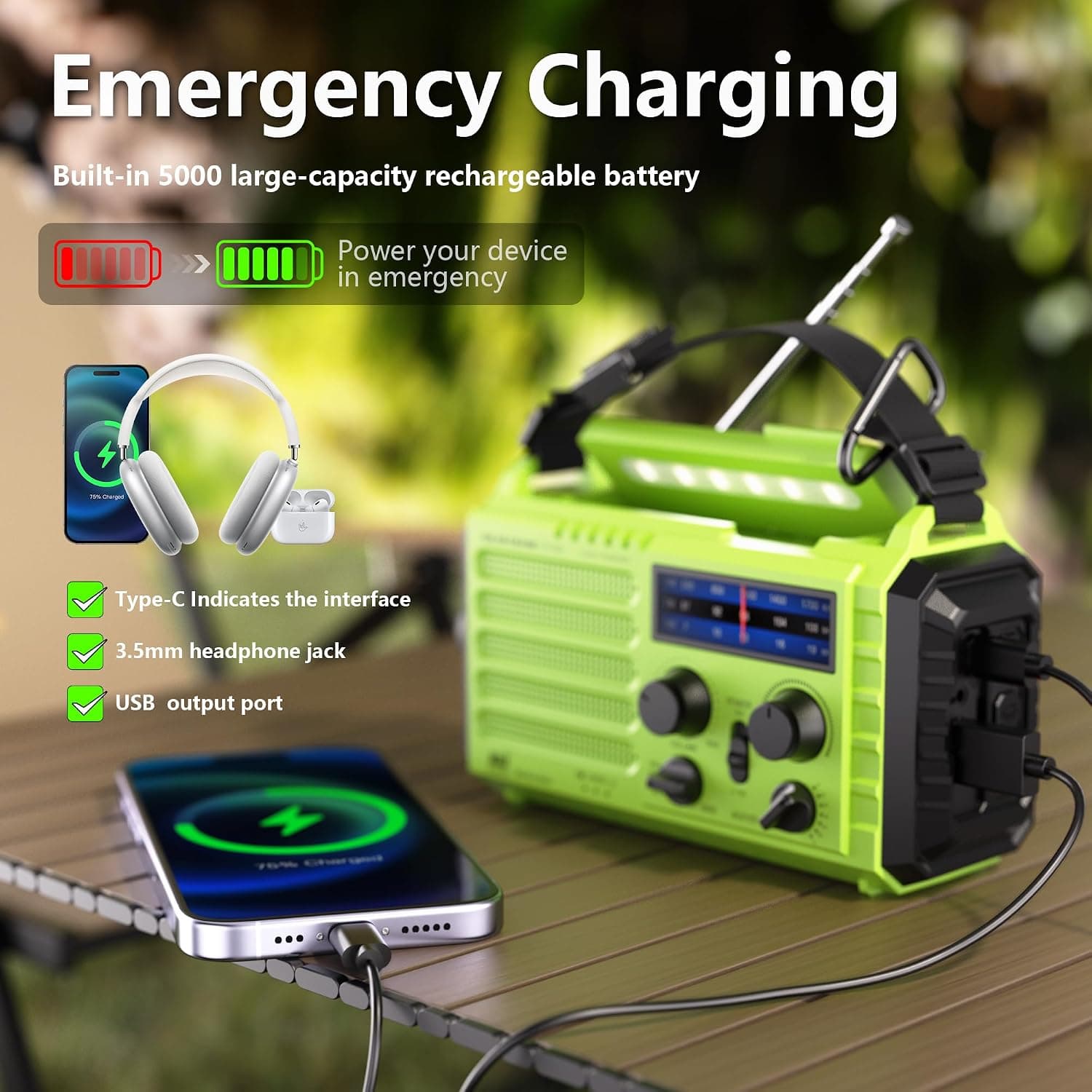 Emergency Weather Radio Battery 5000mAh 18500mWh with Rechargeable Power Bank and Hand Crank NOAA Alert Support — 4 of 5
