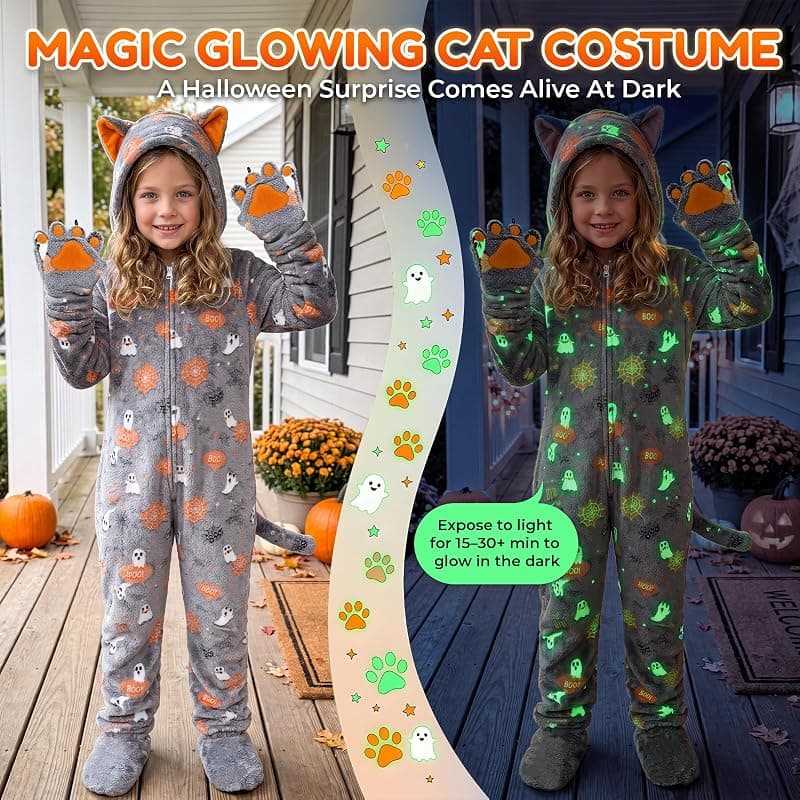 Joycover Halloween Cat Costume for Girls Kids Glow in the Dark Cat Onesie with Soft Hooded Design and Comfortable Lightweight Fabric — 4 of 5