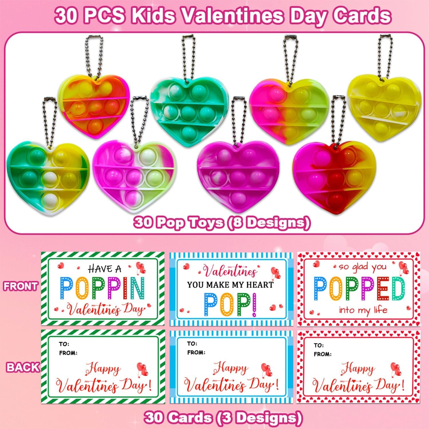 Valentine Heart Pop It Fidget Toy Cards Bulk Pack with 30 Pieces for School Classroom Exchanges and Party Favors — 3 of 5