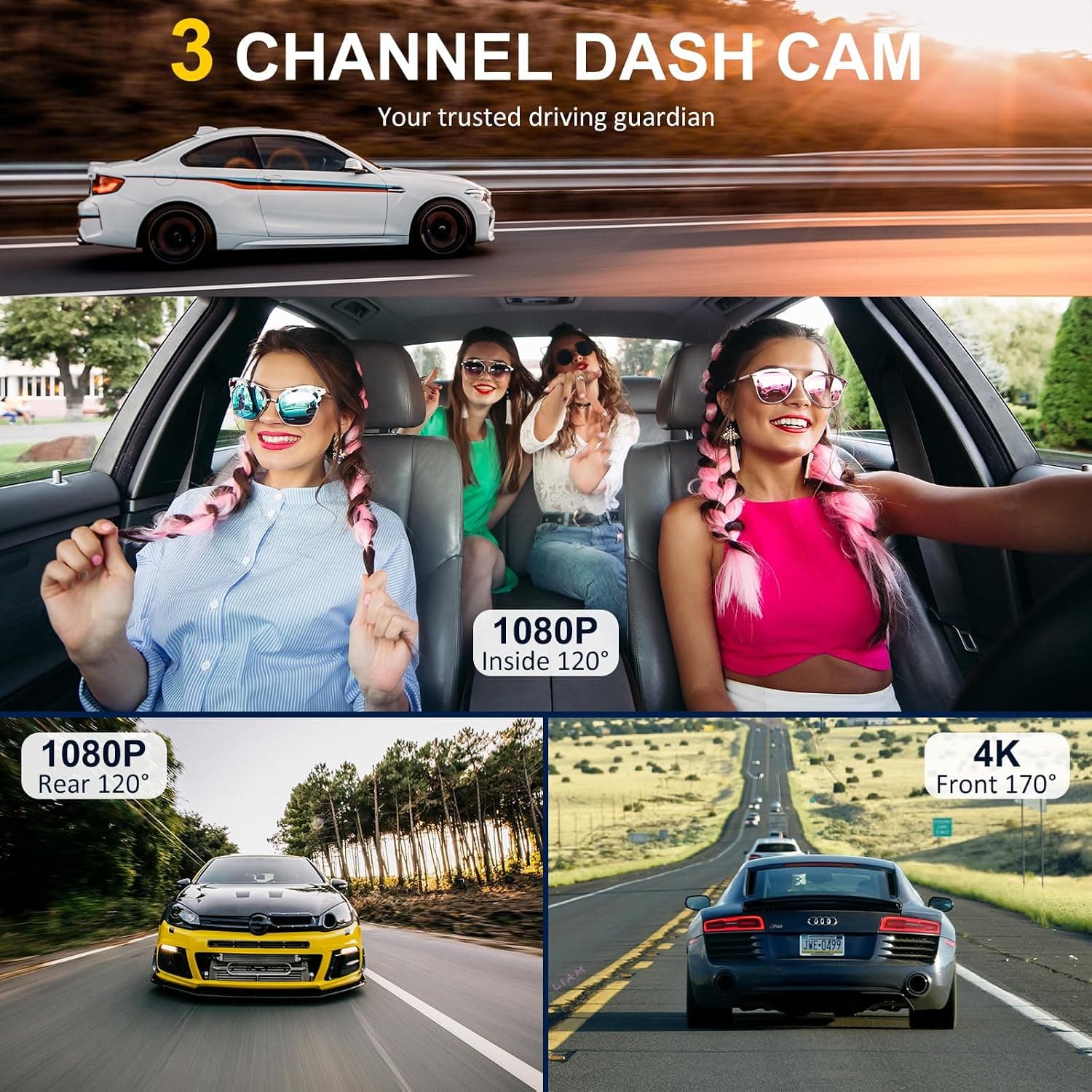 4K Front and Rear 3-Channel Dash Cam with Wide Angle Lens Night Vision Loop Recording and G-Sensor Protection for Ultimate Vehicle Security — 4 of 5